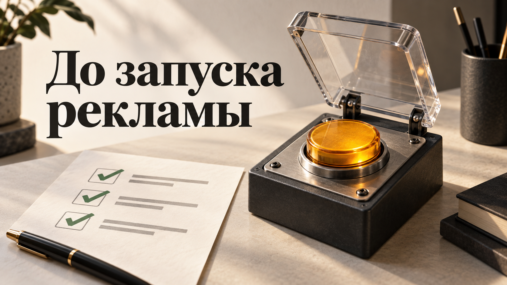 Иллюстрация: кнопка запуска под защитной крышкой и чек-лист с надписью «До запуска рекламы».